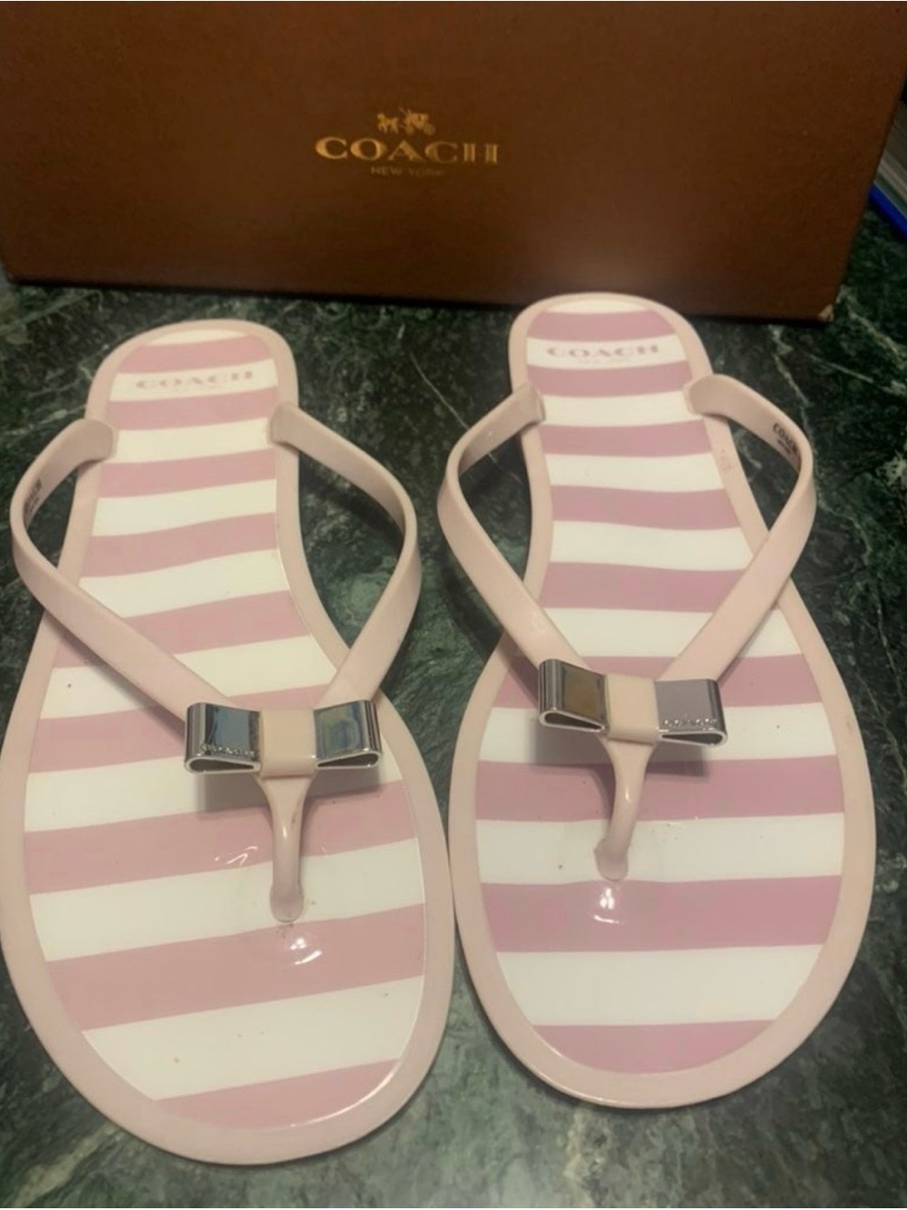 Coach Pink and White Striped Jelly Flip Flops with Bow Accent